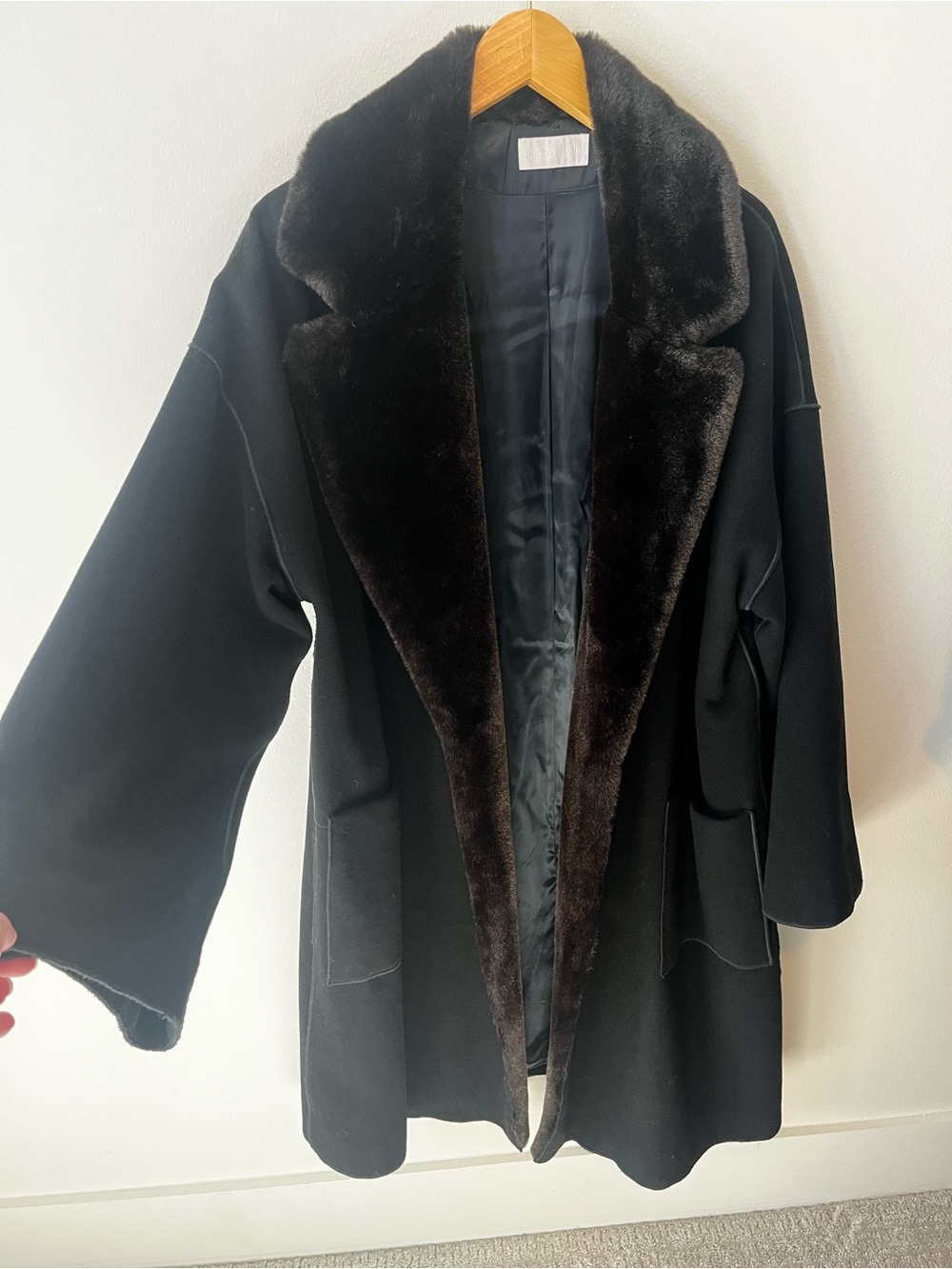 Luxurious Mob Wife Black Wool Cashmere Blend Coat Chocolate Brown Faux Fur Sz 8